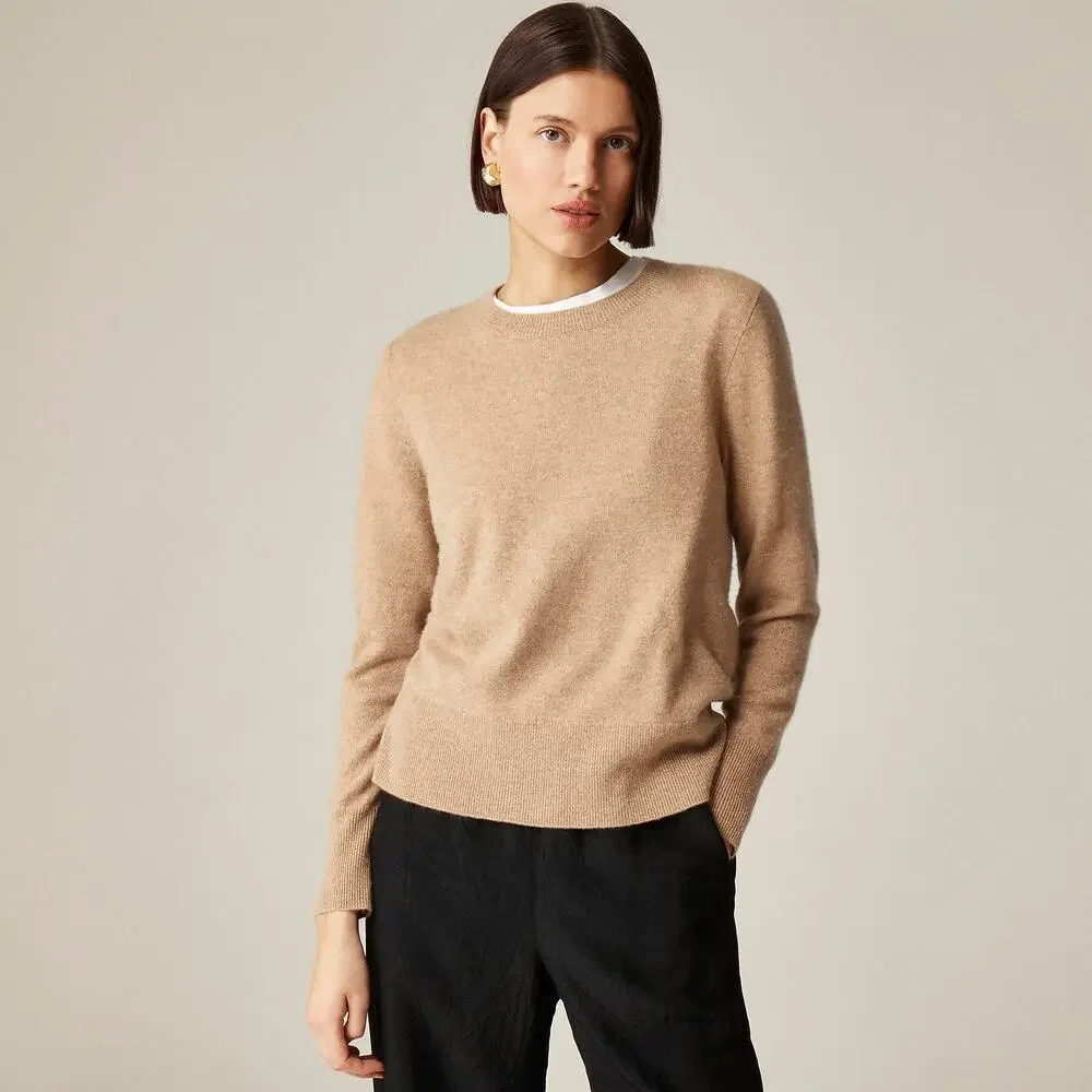 J. Crew Women's Cashmere Classic-Fit Crewneck Sweater Heather Camel Size XS NWT